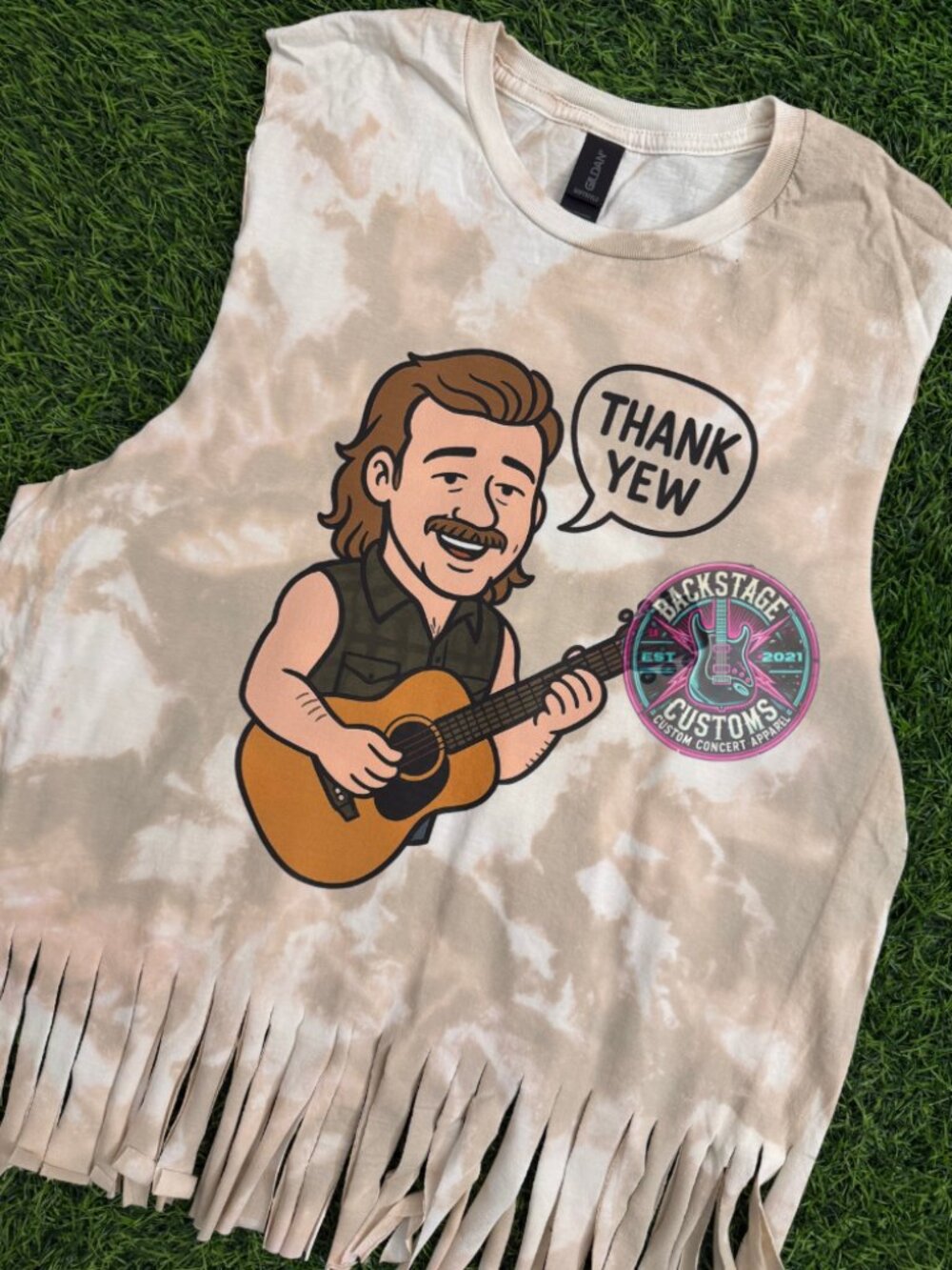 ⚫️NOT PERFECT Morgan Wallen Thank Yew Bleached Fringe Muscle Tank - Picture 2 of 4